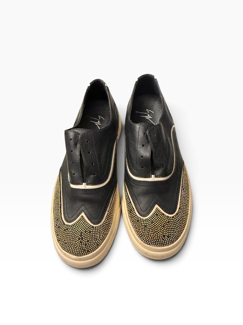 Giuseppe Zanotti Black Leather Slip-Ons with Gold Stud Toe,pre-owned, SZ5.5 - Picture 10 of 12